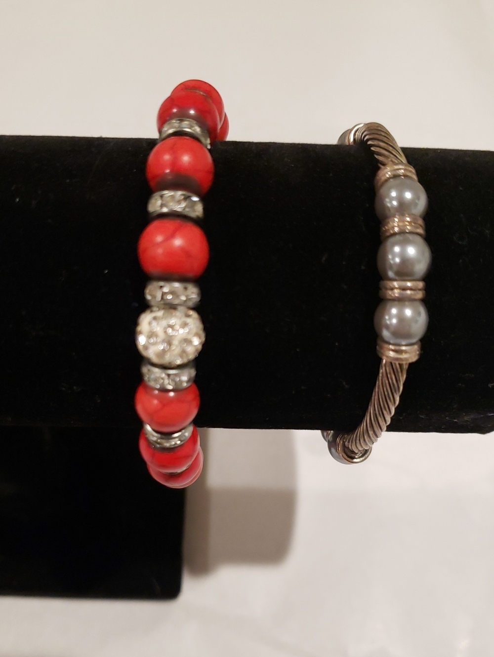 Red Beaded Bracelet with Crystal Accent & Twisted Cable Stretch Bracelet